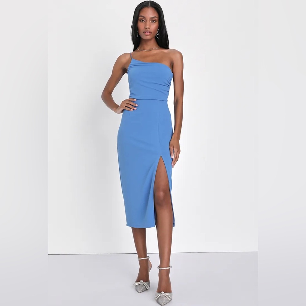 Lulus Elegant Allure Slate Blue One-Shoulder Sleeveless Midi Dress